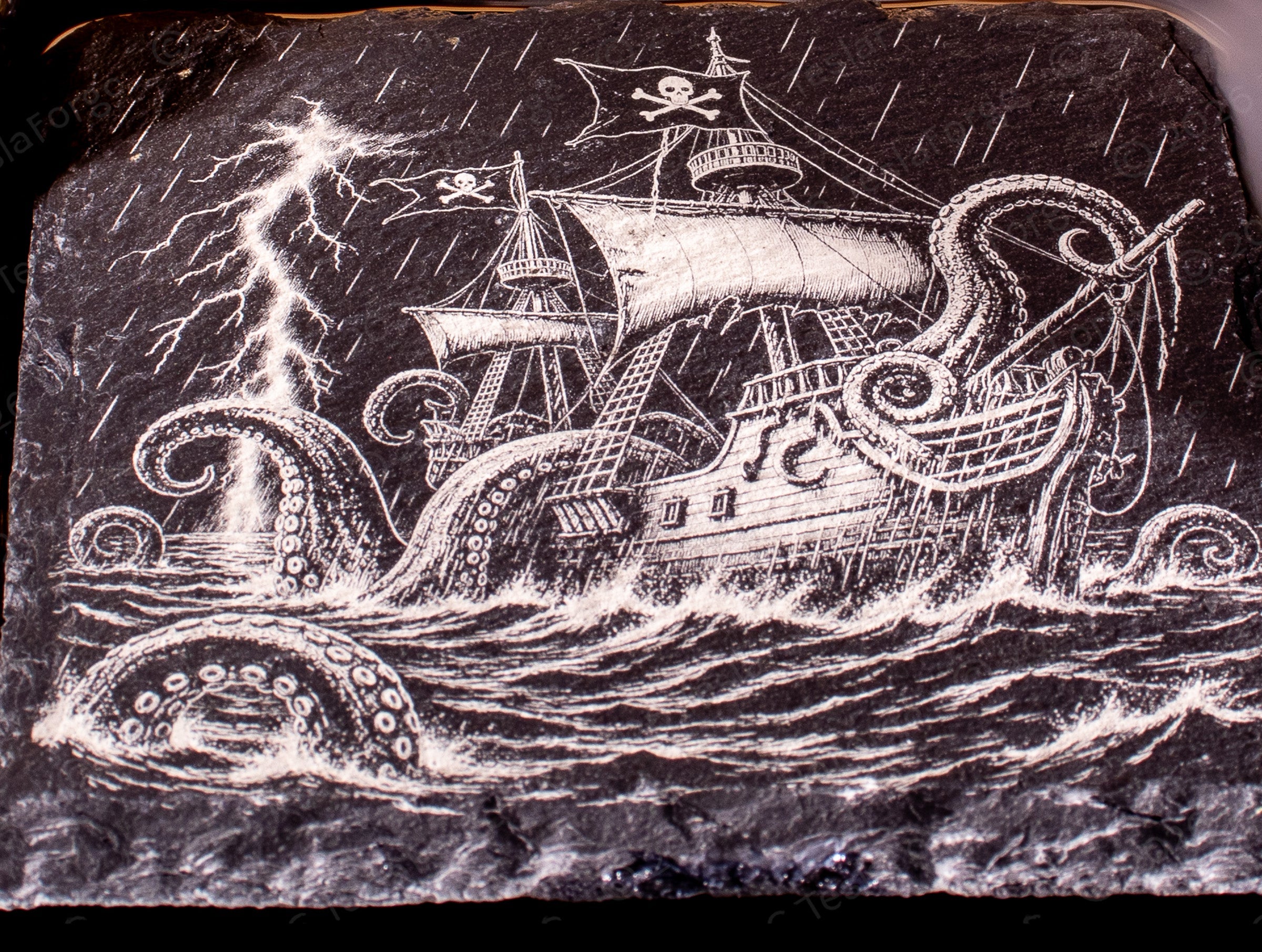 Hero Kraken I hand-engraved slate coaster featuring massive Kraken rising against tall ships