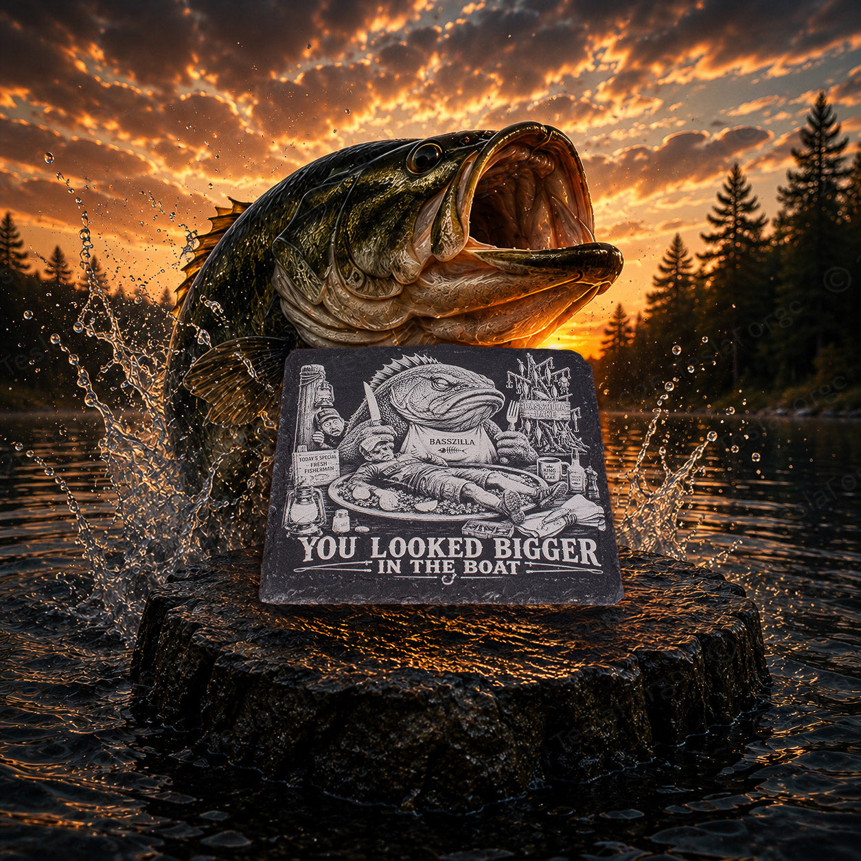 BassZilla Fishing Coasters – 4 Piece Engraved Slate Set