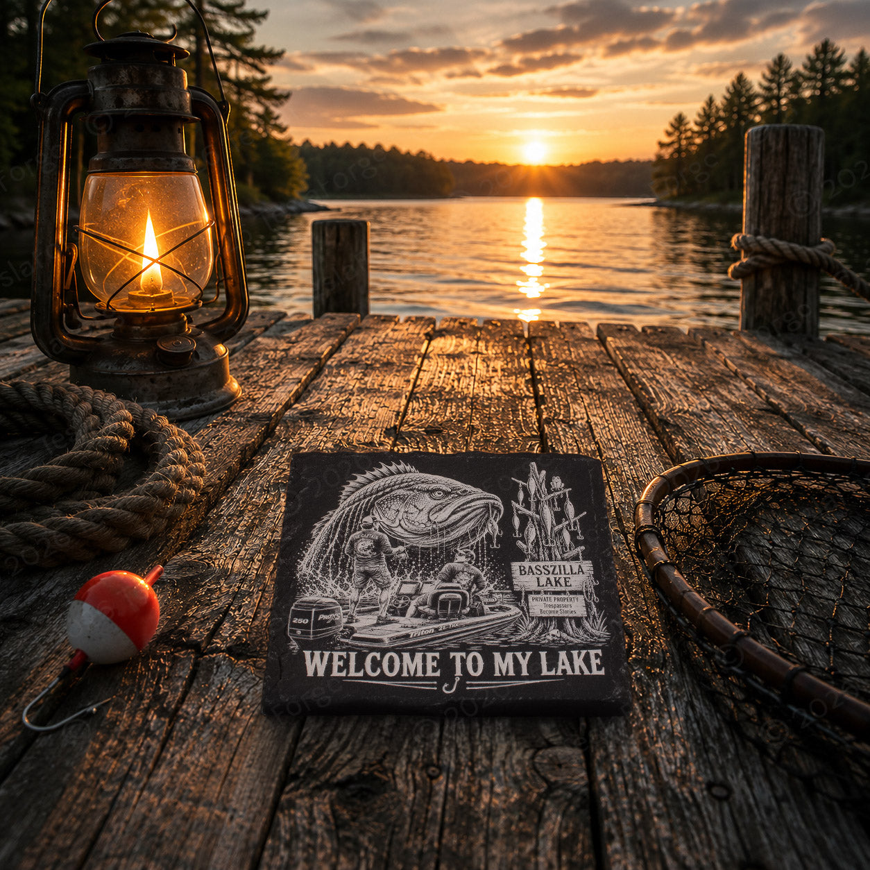 BassZilla Fishing Coasters – 4 Piece Engraved Slate Set