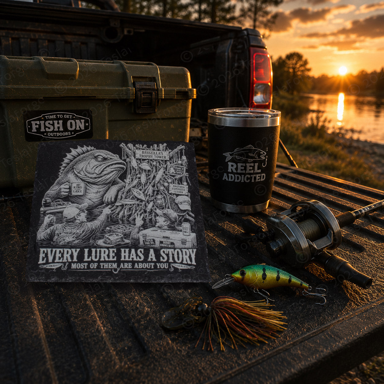BassZilla Fishing Coasters – 4 Piece Engraved Slate Set