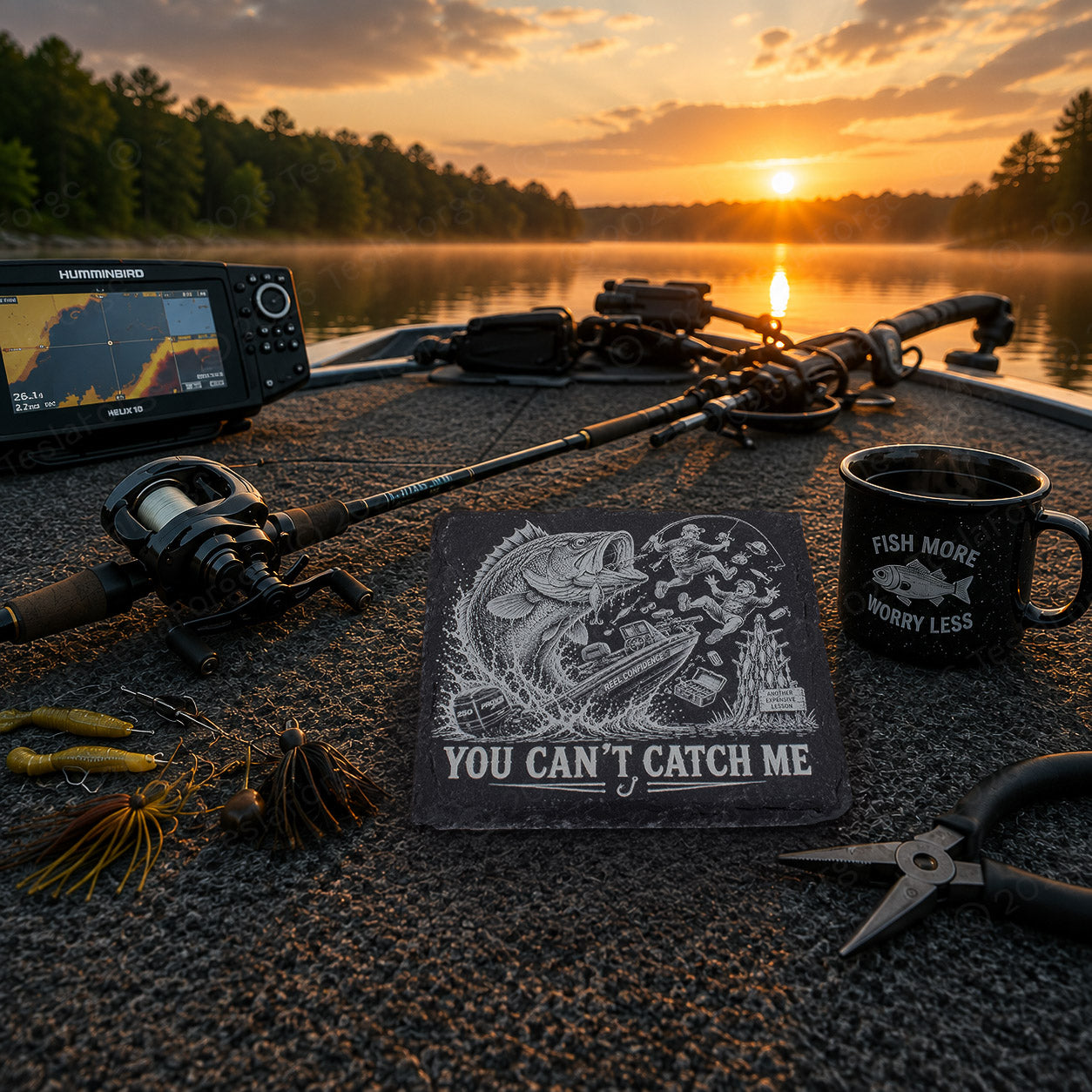 BassZilla Fishing Coasters – 4 Piece Engraved Slate Set