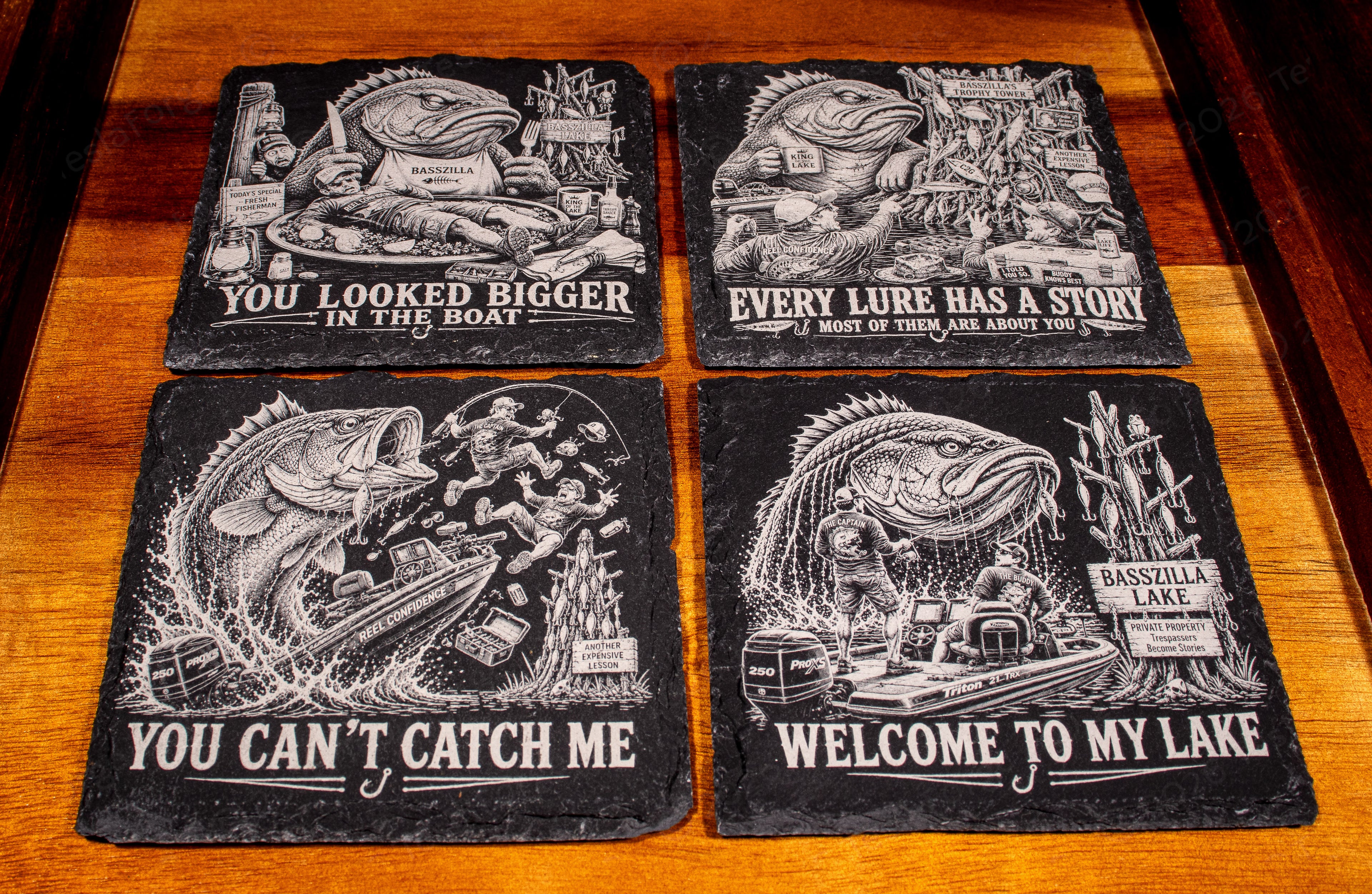 BassZilla Fishing Coasters – 4 Piece Engraved Slate Set