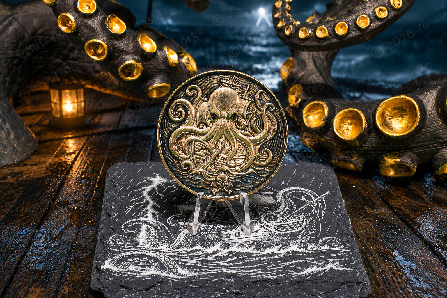 Premium Kraken Medallion • 50 mm Deep-Relief Brass Pirate Coin • Patina & UV Resin Finish
