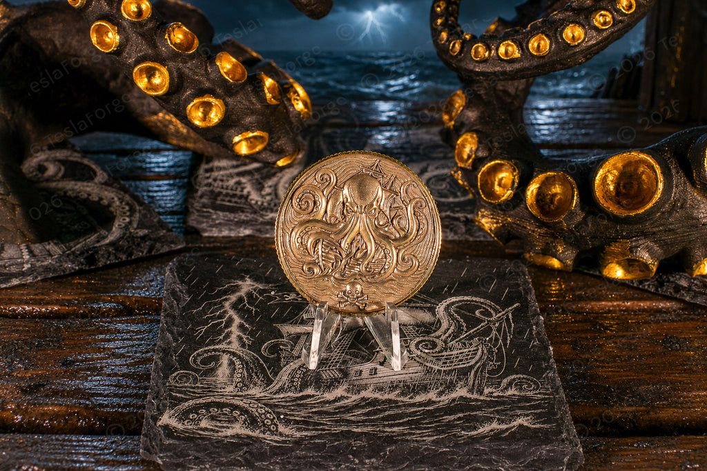 Premium Kraken Medallion • 50 mm Deep-Relief Brass Pirate Coin • Patina & UV Resin Finish