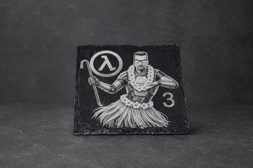 Lambda Soldier Hawaii hand-engraved slate coaster with hula outfit and number 3