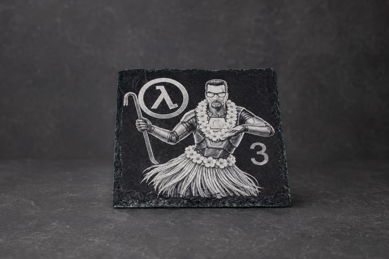 Lambda Soldier Hawaii hand-engraved slate coaster with hula outfit and number 3