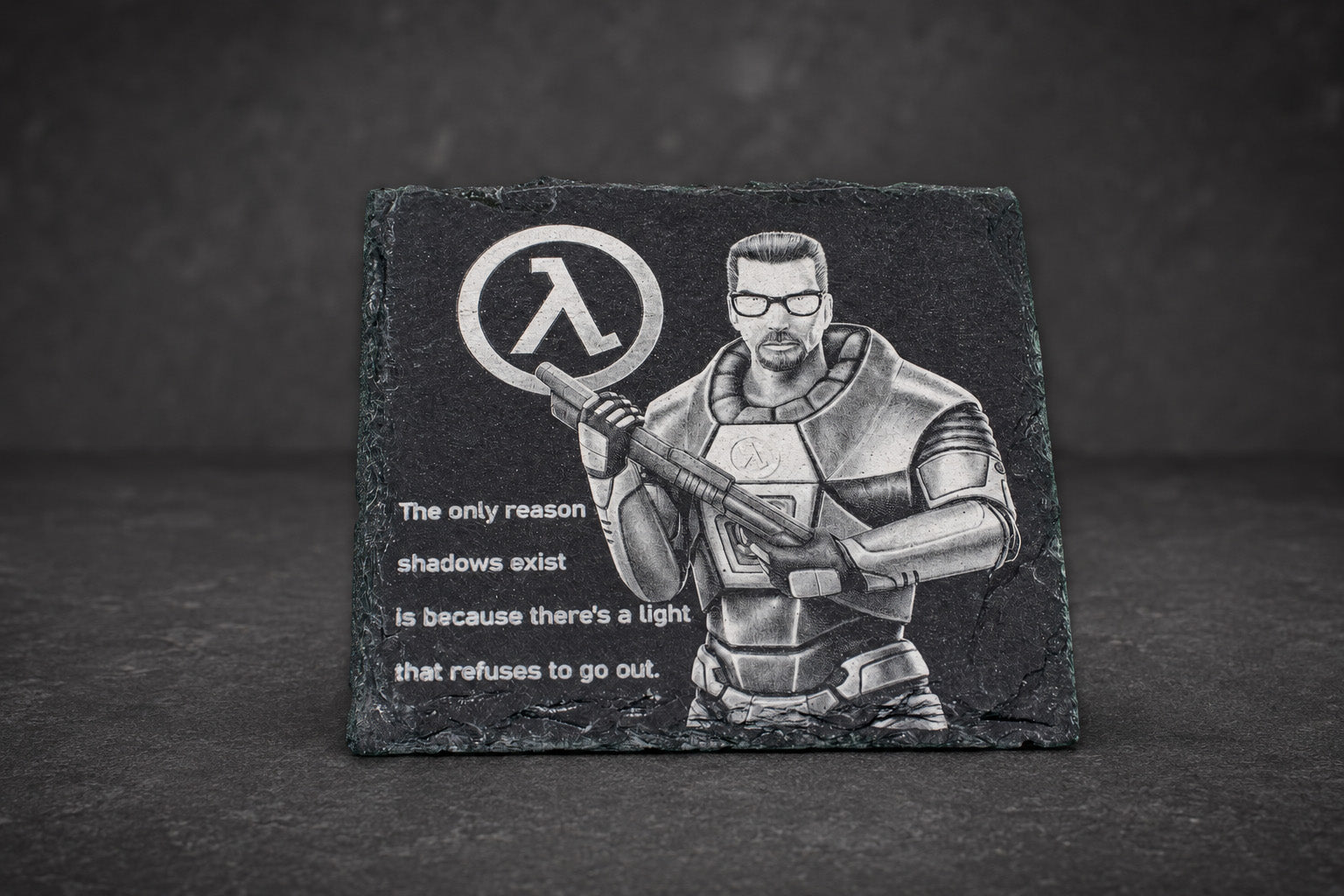 Lambda Soldier Shadows hand-engraved slate coaster