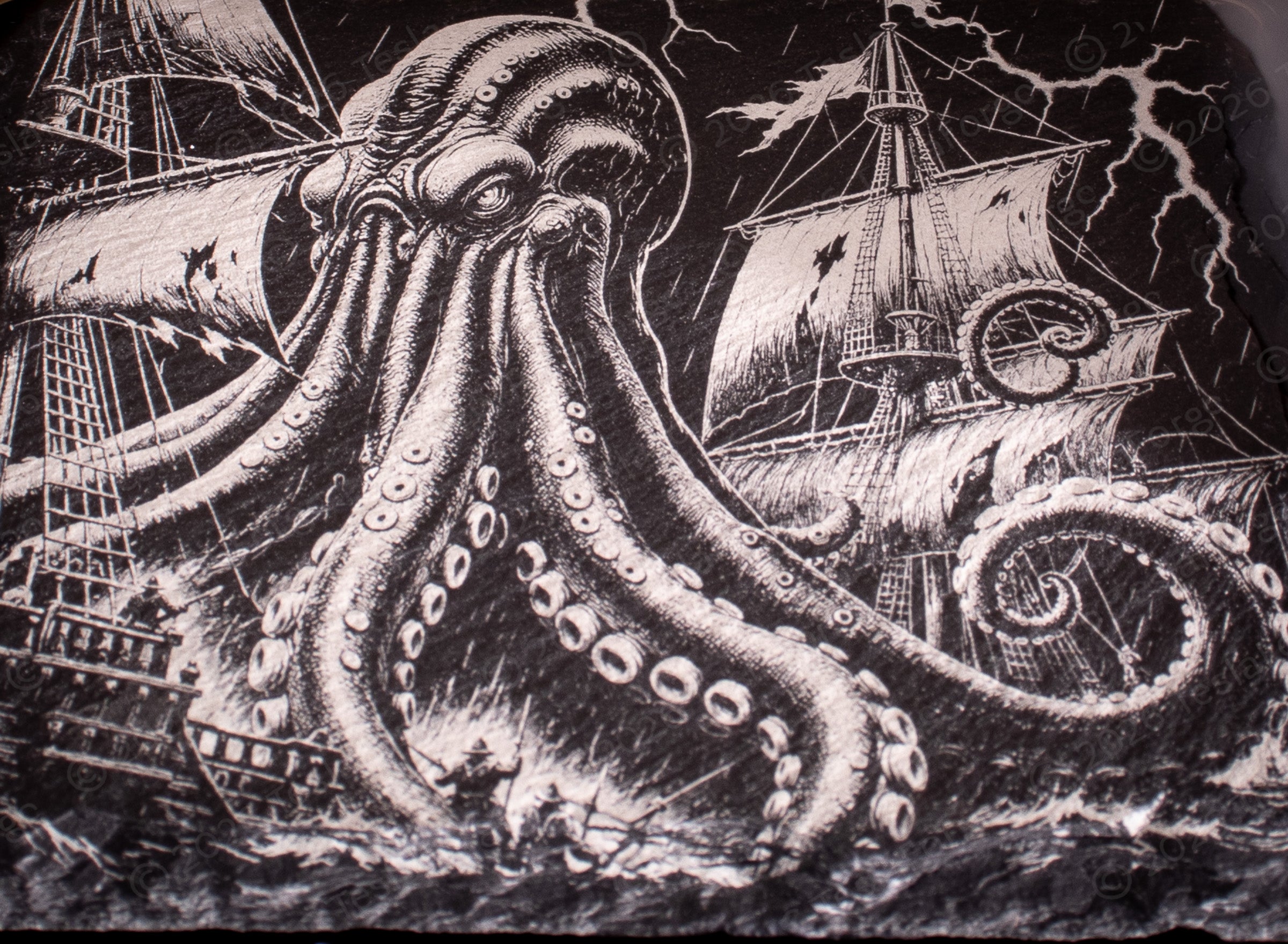 Hero Kraken II hand-engraved slate coaster featuring Kraken attacking pirate ship in storm
