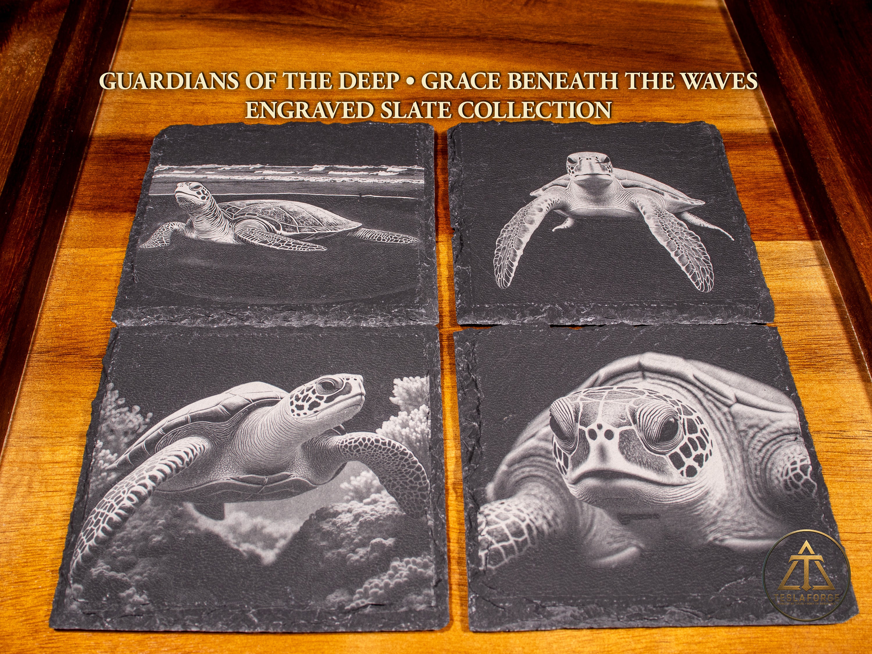 Guardians of the Deep • Engraved Sea Turtle Slate Coaster Set of 4