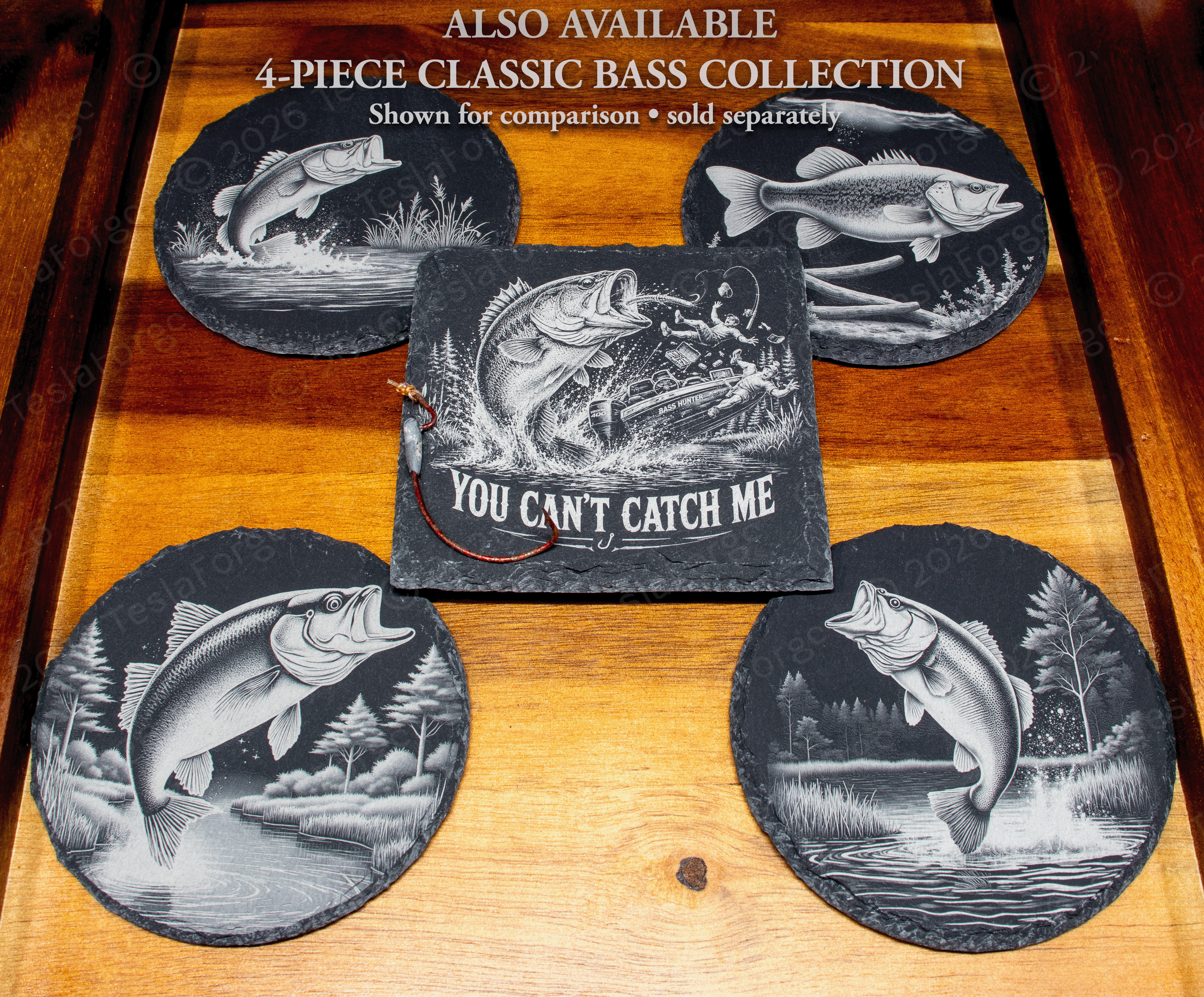 BassZilla Fishing Slate Coasters, Set of 4 Engraved Largemouth Bass Angler Gift