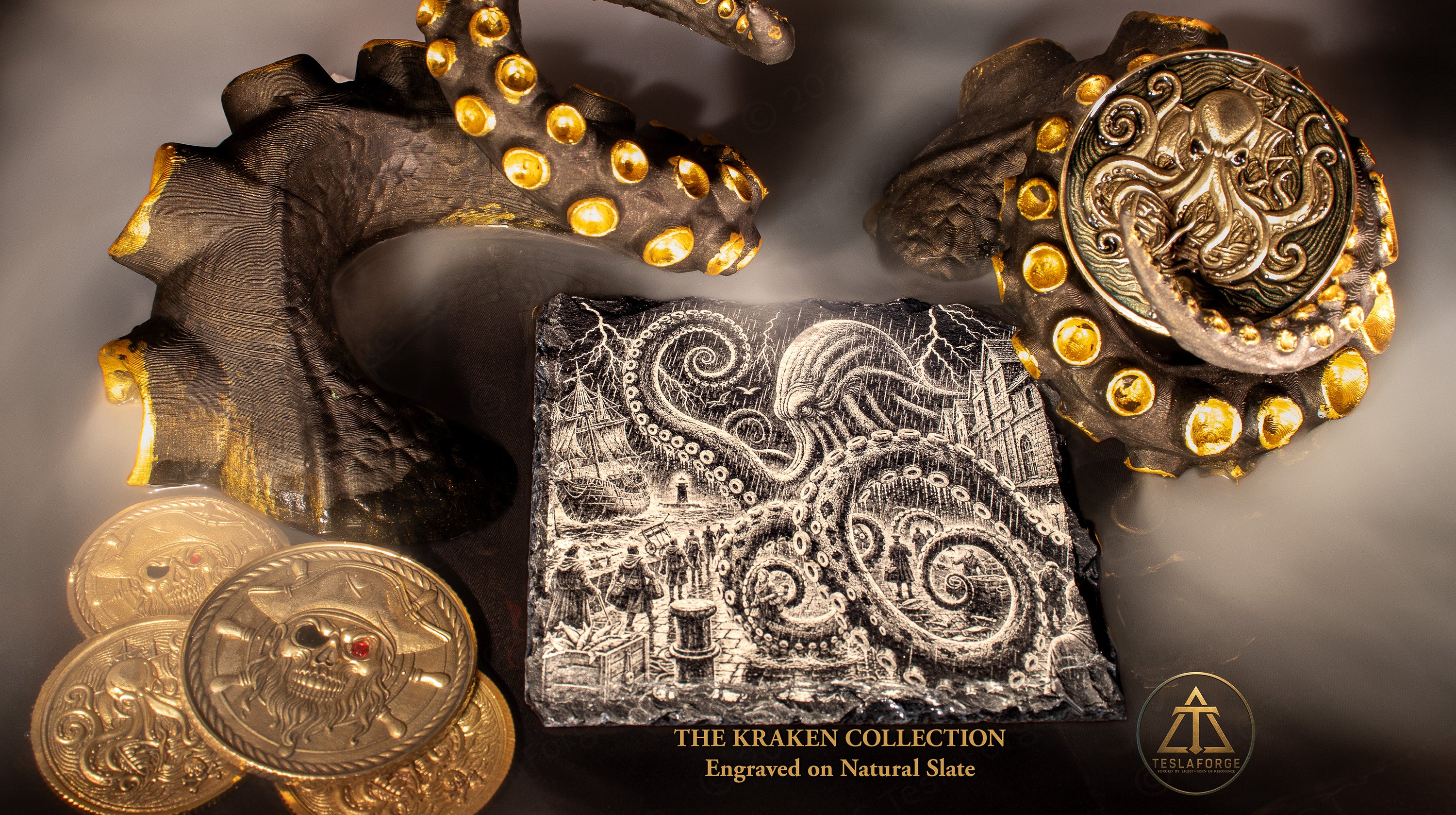 The Kraken Collection • Engraved Natural Slate Coaster Set of 4