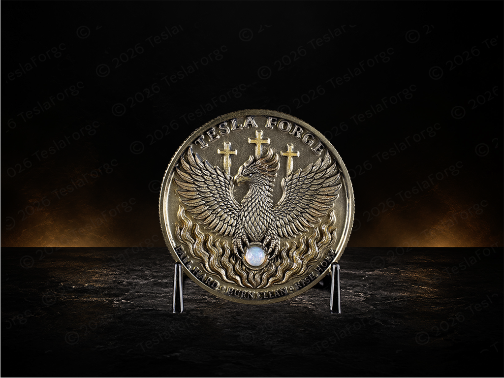 Phoenix Ascension — Personalized Fire Opal Medallion • 50mm Brass Medallion • TeslaForge Artisan Series • Mythic Phoenix Coin