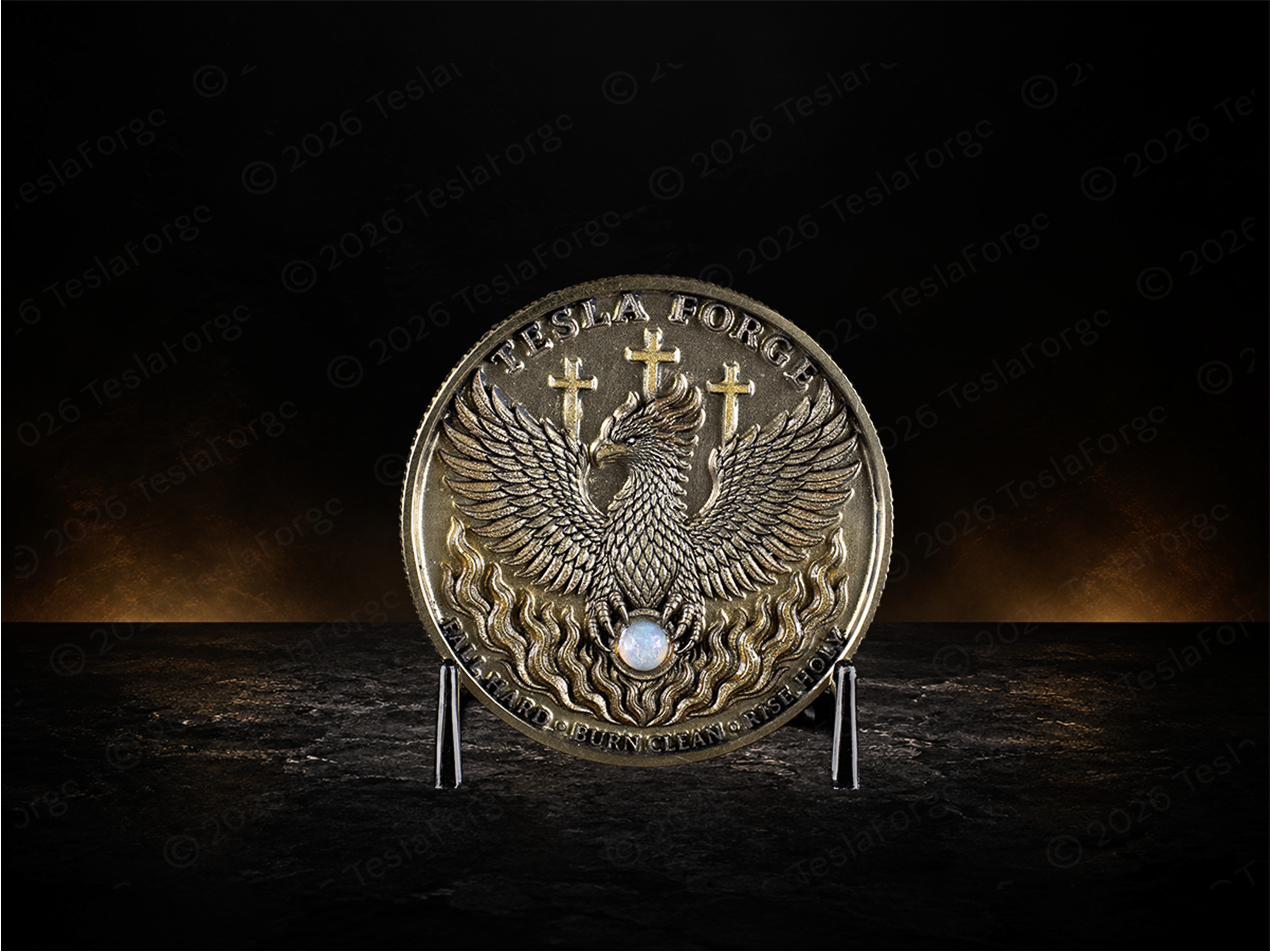Phoenix Ascension — Personalized Fire Opal Medallion • 50mm Brass Medallion • TeslaForge Artisan Series • Mythic Phoenix Coin