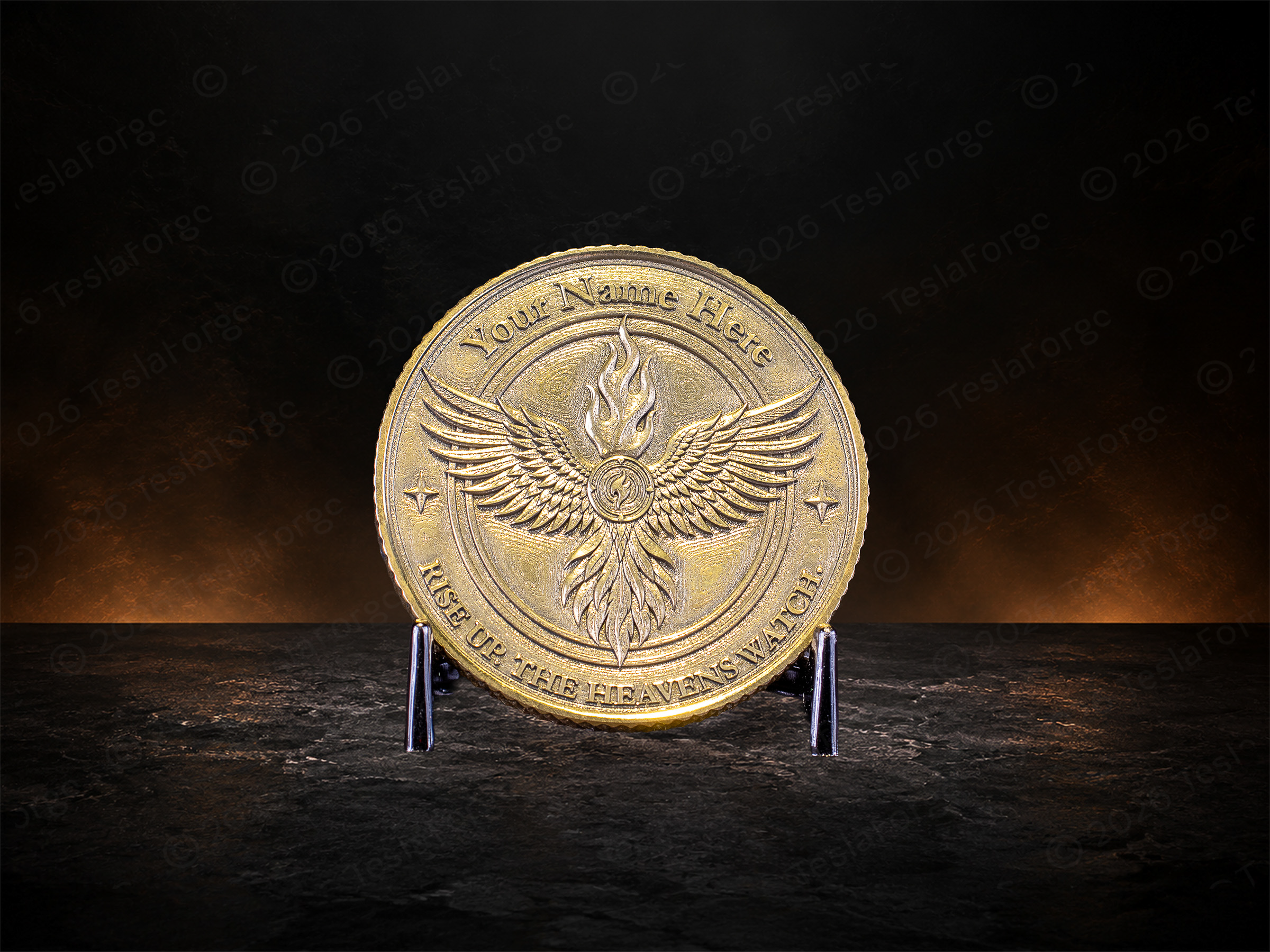 Phoenix Ascension — Personalized Fire Opal Medallion • 50mm Brass Medallion • TeslaForge Artisan Series • Mythic Phoenix Coin