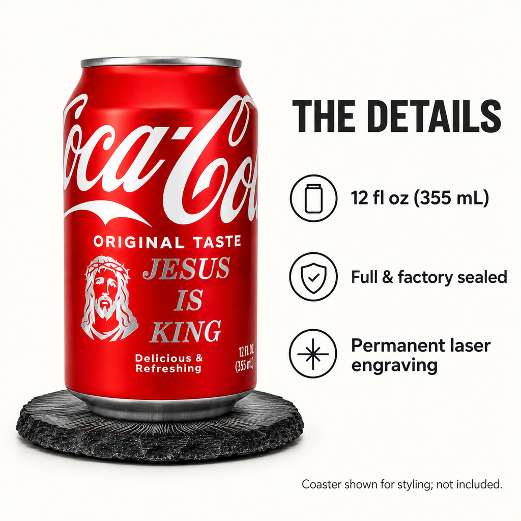 Jesus Is King portrait can details: 12 fl oz, full and factory sealed, permanent laser engraving; coaster not included