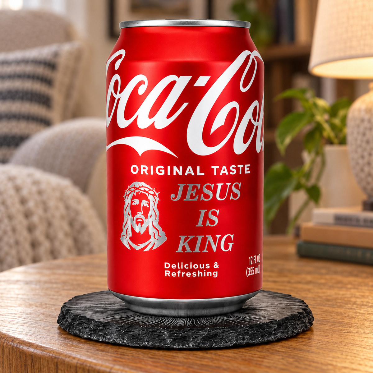 Jesus Is King portrait-engraved Coca-Cola can in an AI-styled reading nook; props not included