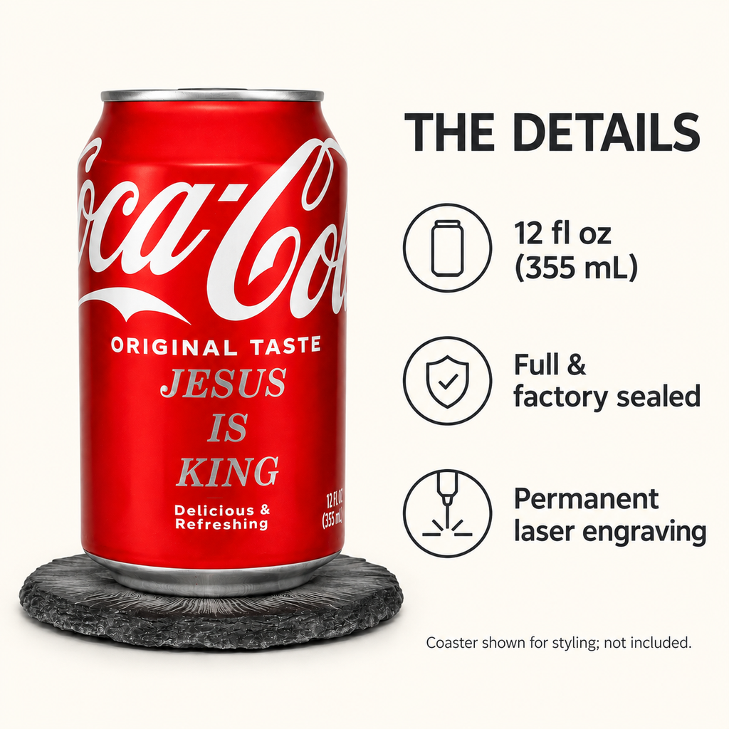 Jesus Is King text can details: 12 fl oz, full and factory sealed, permanent laser engraving; coaster not included