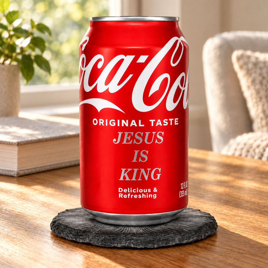 Jesus Is King text-engraved Coca-Cola can on a slate coaster in an AI-styled reading nook; props not included