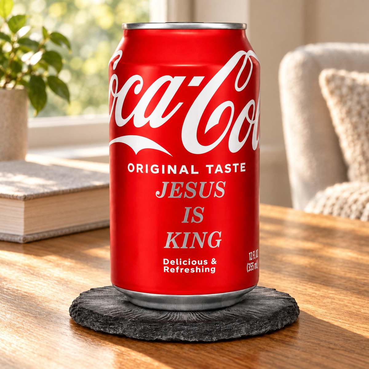 Jesus Is King text-engraved Coca-Cola can on a slate coaster in an AI-styled reading nook; props not included