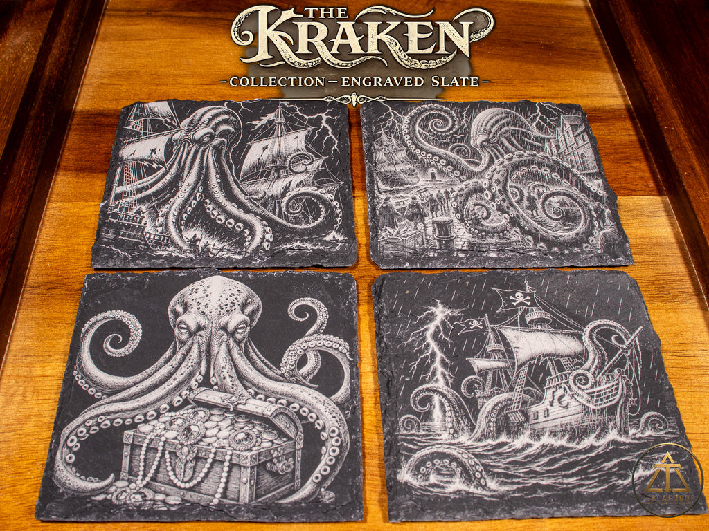 The Kraken Collection • Engraved Natural Slate Coaster Set of 4