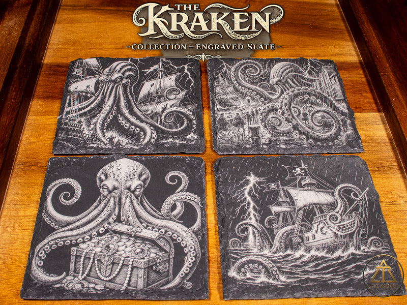 The Kraken Collection • Engraved Natural Slate Coaster Set of 4